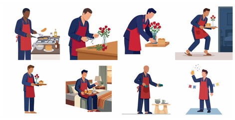 Fototapeta premium Caring Men Preparing Romantic Breakfast in Bed and Anniversary Surprise Illustration Set