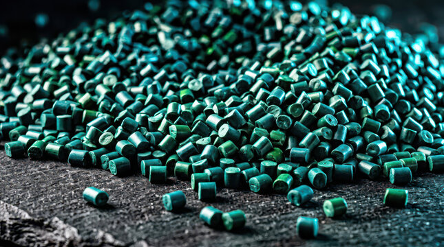 Heap of small turquoise polymer plastic pellets scattered on a dark textured generated using ai