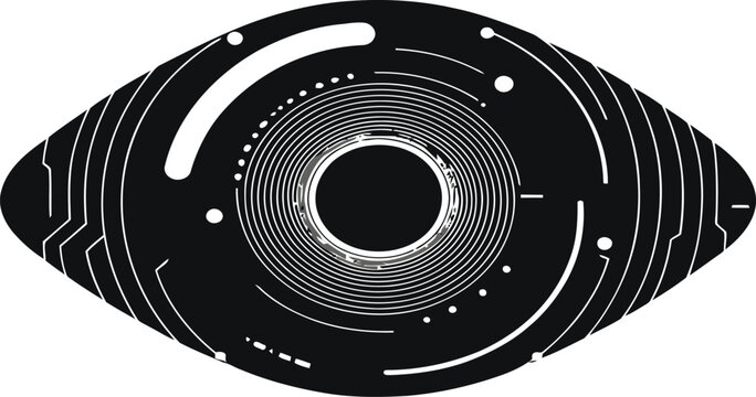 Futuristic digital eye symbol featuring concentric circular patterns and circuitry lines for modern technology design concept with intricate concentric rings