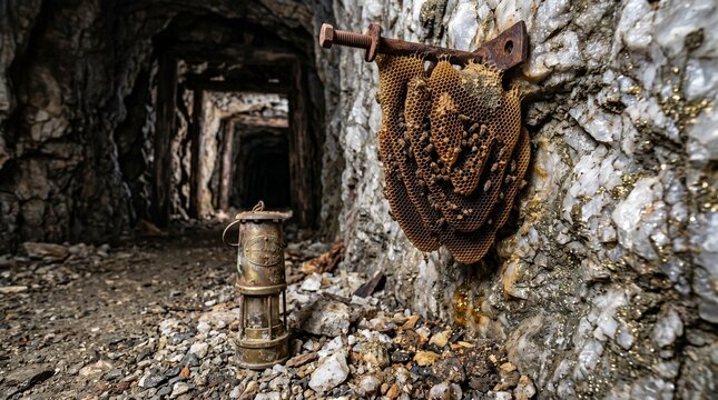 Beehive in abandoned mine tunnel with old lantern, rustic scene