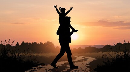 Fototapeta premium Solid black silhouette of a father walking while carrying a child sitting on his shoulders.