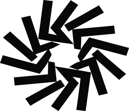 Circular geometric pattern composed of repeating black angular shapes arranged in a radial symmetry design with design consisting multiple, contrast graphic design
