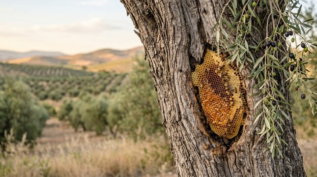 Bee Hive on Olive Tree Trunk in Rural Landscape with Mountains