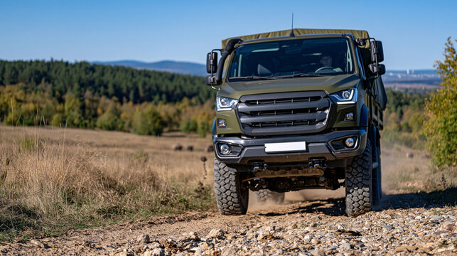 Large military cargo truck with a tarpaulin covered rear compartment driving toward the camera on a rugged dirt road, dramatic open landscape combining dry grass, forest and distant hills, dust trai