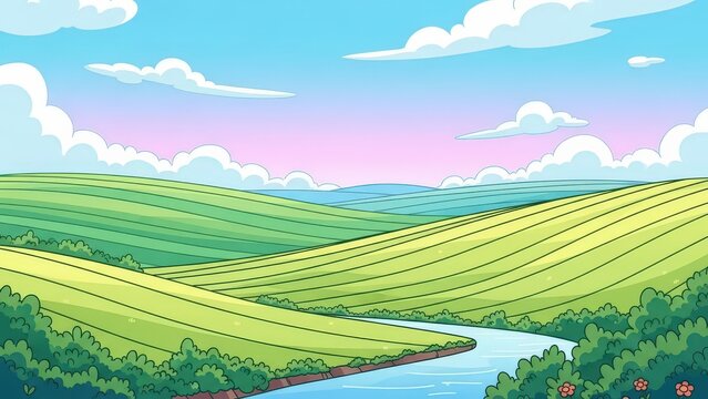 A vibrant cartoon landscape featuring rolling green hills, a winding blue river, and lush bushes under a soft pastel sky with fluffy clouds