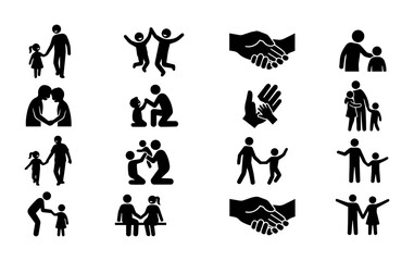 Fototapeta premium Family and Friendship Icons: 16 Diverse Vector Graphics for Connection, Support, and Love, Representing Relationships and Community