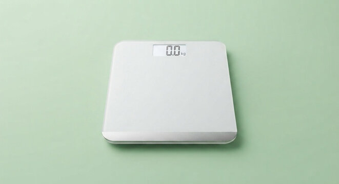 Moderne digitale Personenwaage mit Anzeige von 0,0 kg auf einem minimalistischen pastellgr&uuml;nen Hintergrund.