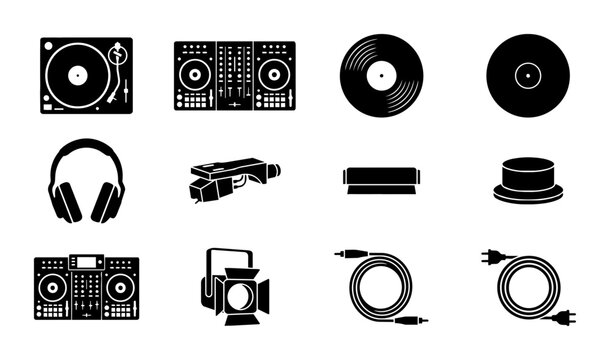 DJ Equipment Vector Icons: Turntables, Mixer, Headphones, Vinyl Records, Cables, Spotlight, Boombox, and Accessories for Music Production and Performance