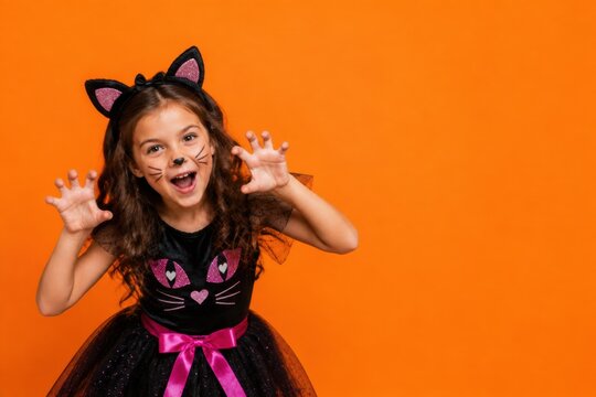 Cute little girl dressed as a black cat for Halloween, orange background with copy space