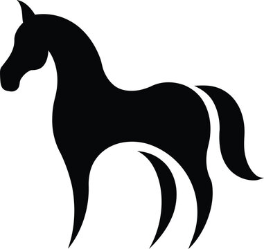 Minimalist black horse silhouette vector graphic icon with standing horse rendered, plain white background, graphic style against, illustration