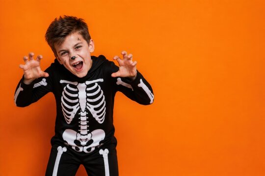 Scared boy in skeleton costume making monster claws on Halloween orange background with copy space