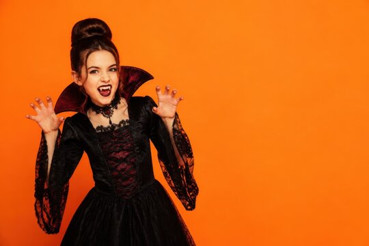 Young girl in vampire costume with fangs and dark dress on orange Halloween orange background with copy space