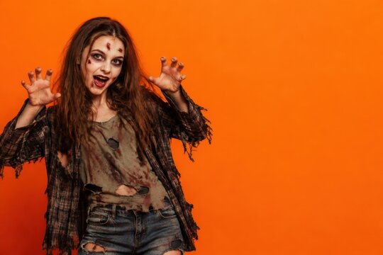 Young woman in zombie costume with torn clothes and makeup on Halloween orange background with copy space