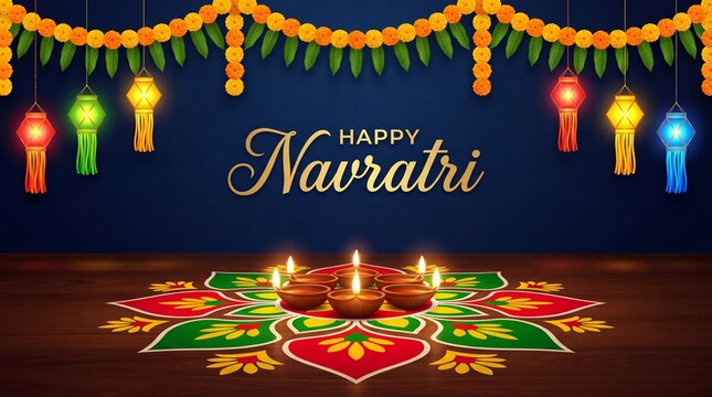 Indian couple performing traditional garba dance on navratri festival celebration night with ethnic clothing and colorful folk background