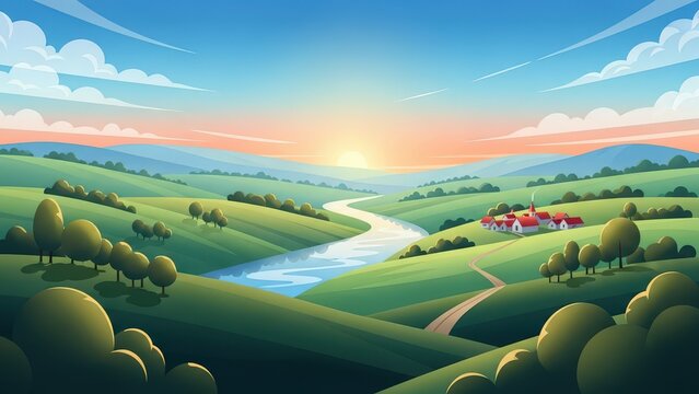 Idyllic rural landscape featuring rolling green hills, a winding river, a small village with houses, and a sunset sky with fluffy white clouds