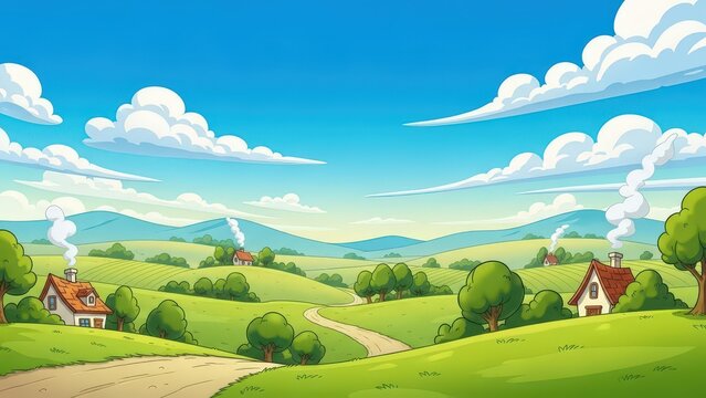 Scenic countryside landscape with rolling green hills, a winding dirt road, small houses with smoking chimneys, and a bright blue sky with clouds
