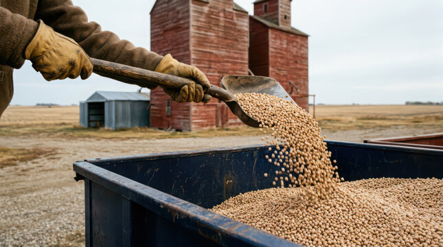 Farmer wearing work gloves shoveling grain into metal hopper with red barns in generated using ai