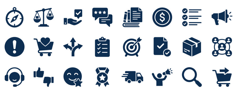 Set of flat business and marketing icons representing communication strategy logistics and customer service elements