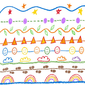 Playful hand drawn doodle page dividers featuring rainbows, stars, clouds, and smiling faces. isolated transparent  design elements