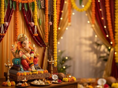 Beautiful Ganesh Chaturthi Celebration Setup with Traditional Floral Decor