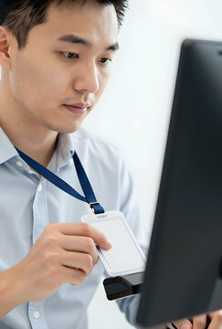 Employee identity verification and access control, man scanning blank ID card badge at a security reader