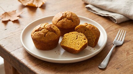Fototapeta premium Freshly baked homemade pumpkin muffins served on a rustic plate with autumn leaves on a wooden table