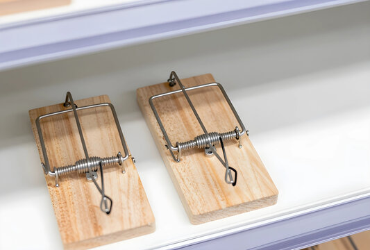 Risk and danger concept, two wooden mouse traps on a shelf, pest control and problem solving