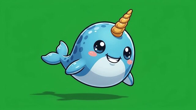 Cute cartoon baby narwhal with a golden horn swimming happily on a vibrant green background.
