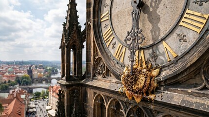 Plakat Beehive on Astronomical Clock Tower Prague Cityscape Background