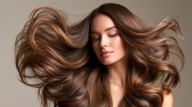 Banner photograph of a woman with luxuriously thick flowing hair captured mid-motion against a soft gradient studio background, wide negative space on the left side for text overlay