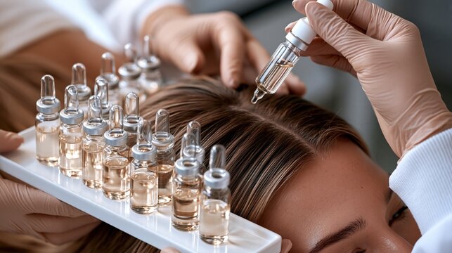 A dermatologist performing a scalp treatment with exosome serum ampoules arranged on a sterile tray, gloved hands holding a micro-dropper above a patient's scalp part