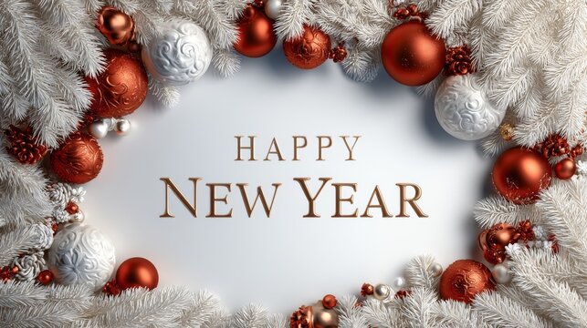 Happy New Year text in a frosty red ornament frame