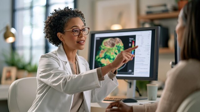 Clinical photograph of a patient consultation in a dermatology office, doctor pointing to a digital scalp analysis chart on a monitor showing hair follicle density data
