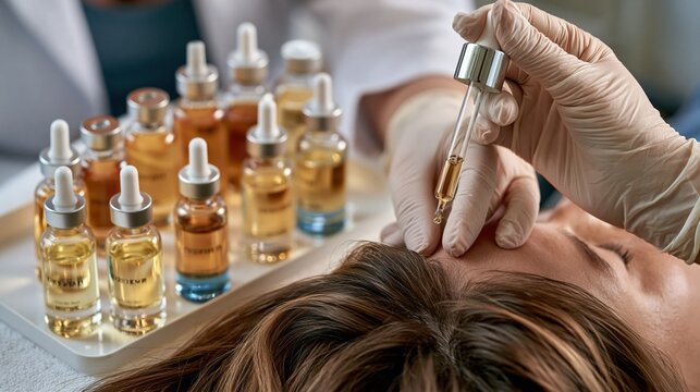 A dermatologist performing a scalp treatment with exosome serum ampoules arranged on a sterile tray, gloved hands holding a micro-dropper above a patient's scalp part