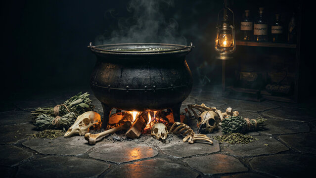 Witch Cauldron with Fire, Skulls, and Herbs in Dark Halloween Dungeon Scene &ndash; Spooky Copy Space