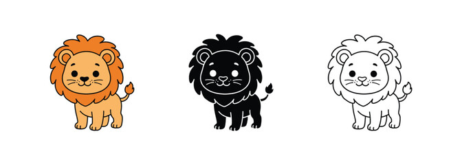 Cute cartoon lion set with color, silhouette, and line art vector illustrations. © Rahima