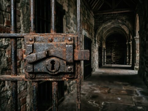 Close-up of rusty iron lock on old prison gate in stone corridor. Historical jail interior and confinement concept for justice and punishment theme.