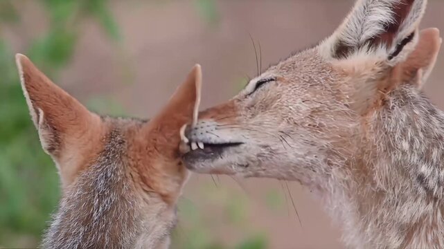 Close-up of two black-backed jackals interacting in their natural habitat