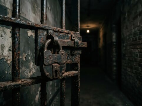 Rusty padlock locking old prison jail bar in dark corridor. Confinement and justice concept with abandoned cell gate. Crime punishment and freedom restriction theme