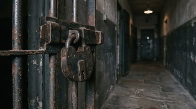 Close up of rusty padlock locking old prison cell bar in dark corridor. Confinement, punishment and justice concept. Criminal law and incarceration background