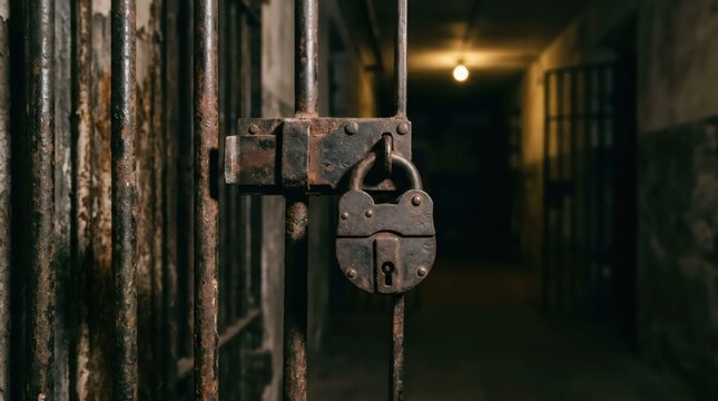Old rusty padlock locked on prison cell bar in dark jail corridor. Concept of imprisonment, punishment and justice system. Criminal detention and confinement background