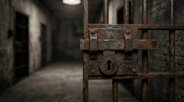 Close-up of rusty old prison cell gate with keyhole and lock. Dark jail corridor background. Confinement, justice and punishment concept for crime and law theme.