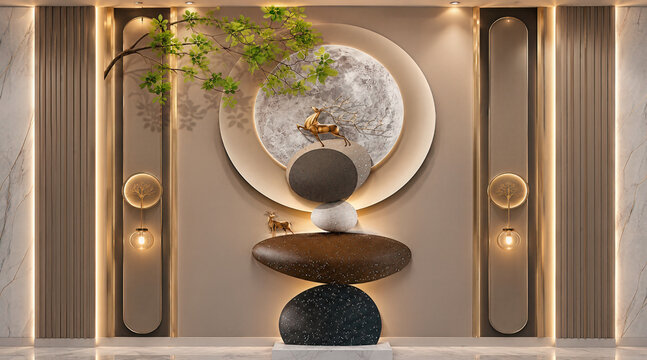 Modern Zen Balanced Stones Wall Relief with Glowing Circular Moon and Green Leaves