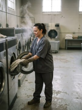 Woman laundry worker unloading industrial washing machine in correctional facility laundromat. Prison labor and institutional service job. Rehabilitation and daily work routine concept