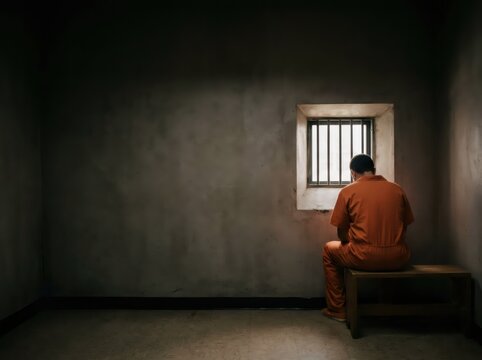 Man prisoner in orange jumpsuit sitting alone on bench in dark jail cell looking through barred window. Isolation and punishment concept. Depression and hope for freedom