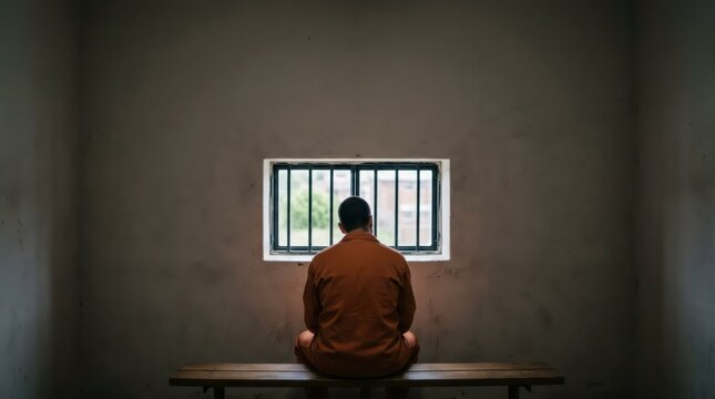 Man prisoner in orange jumpsuit sitting on bench with back to camera looking out barred window in jail cell. Concept of isolation, punishment and justice. Lonely detention and imprisonment