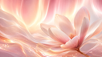 Obraz premium Ethereal pink lotus flower blooming in soft golden light with abstract background.