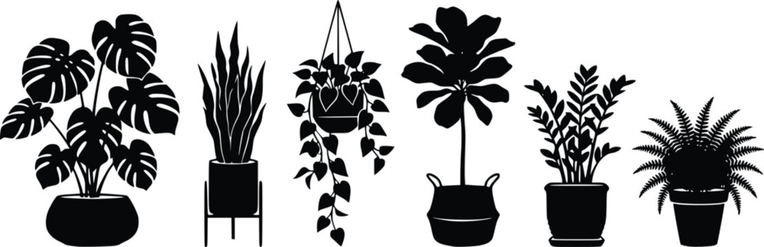 Set of black silhouette indoor house plants in pots isolated on a white background for interior design isolated on white background