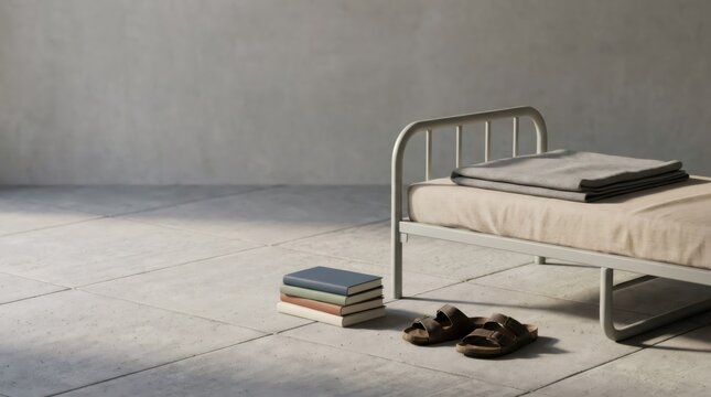 Metal bed with folded blanket in empty concrete room with stacked books and sandals on floor. Minimalist ascetic lifestyle and detention concept for monastic interior design