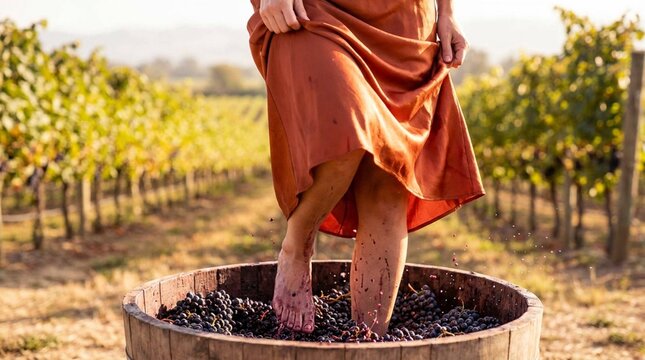 Woman crushing red grapes with bare feet in wine barrel at vineyard